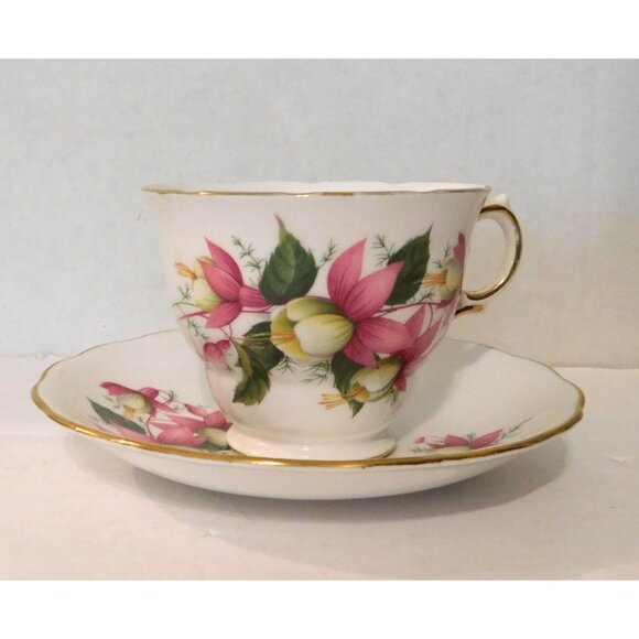 Vintage Royal Vale Bone China Tea Cup Saucer Set 7627 Pink Bell Flower Gold Trim - Picture 4 of 14